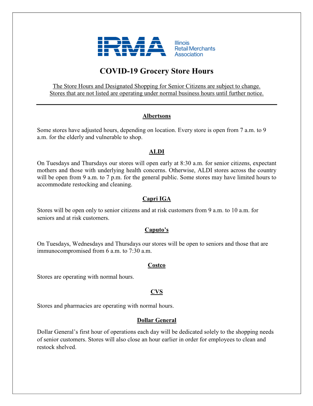 COVID-19 Grocery Store Hours