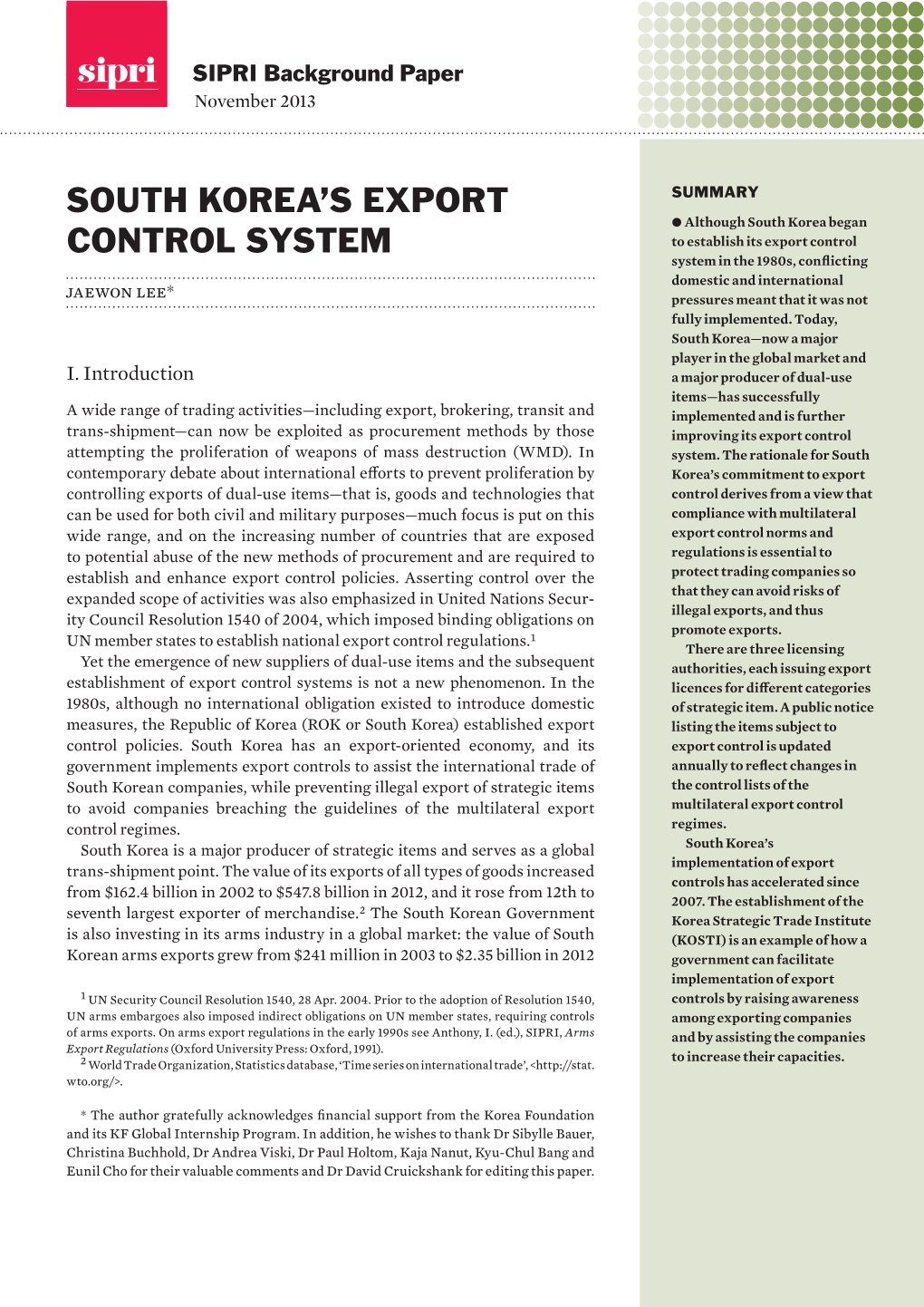 South Korea's Export Control System, SIPRI Background Paper