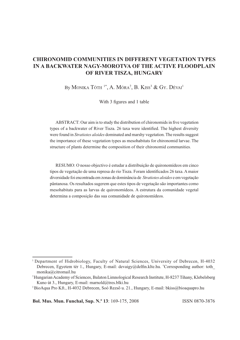 Chironomid Communities in Different Vegetation Types in a Backwater Nagy-Morotva of the Active Floodplain of River Tisza, Hungary