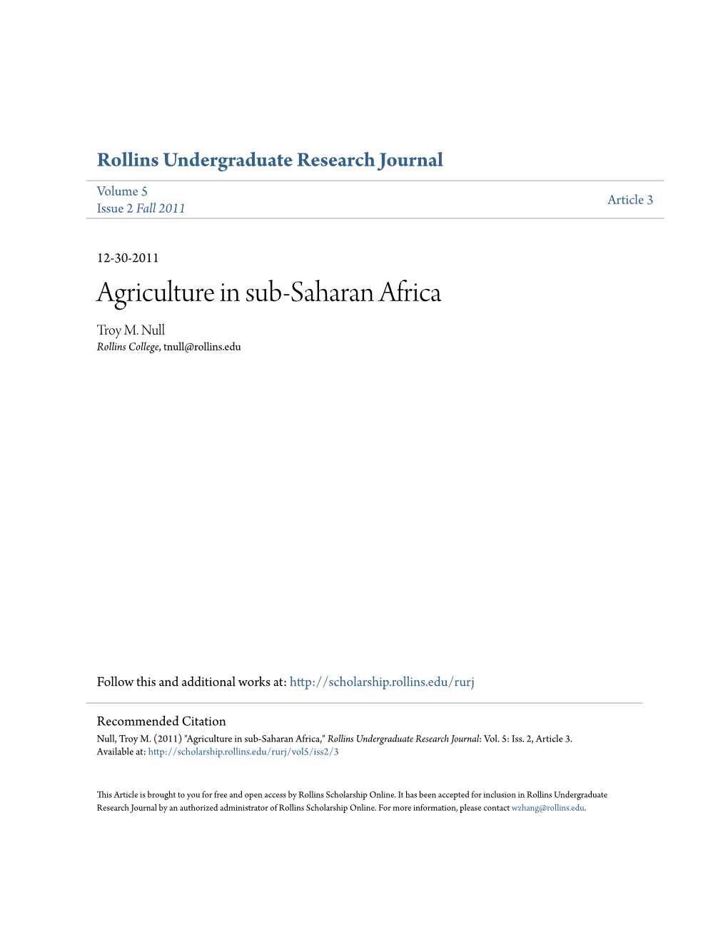Agriculture in Sub-Saharan Africa Troy M