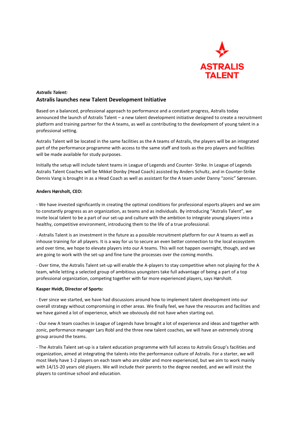 Astralis Talent: Astralis Launches New Talent Development Initiative