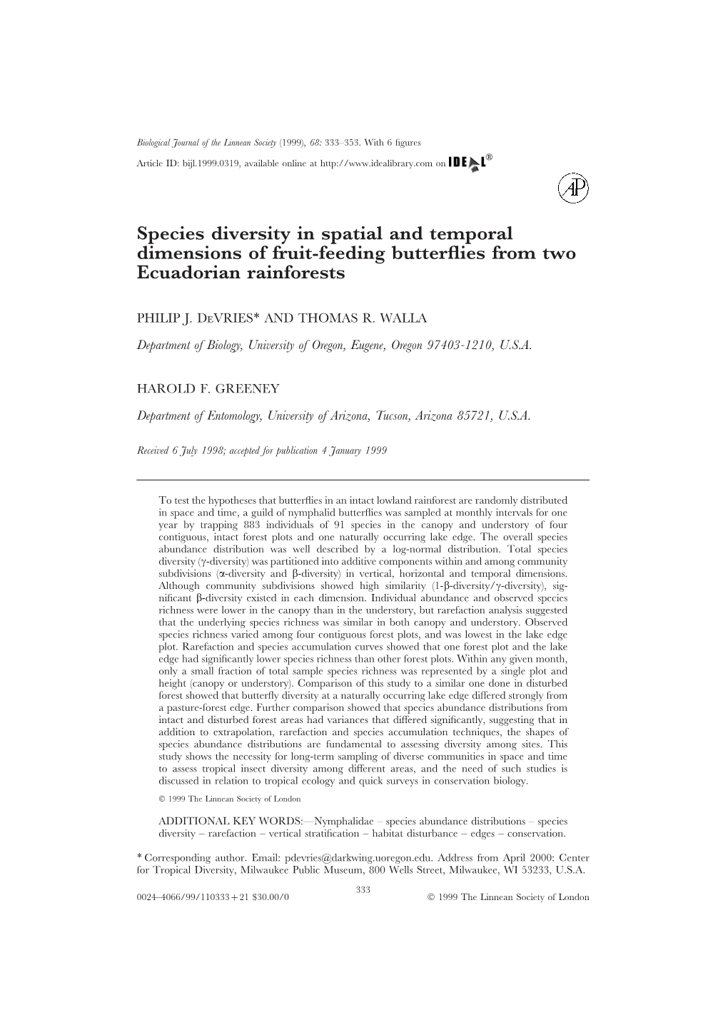 Species Diversity in Spatial and Temporal Dimensions of Fruit-Feeding Butterflies from Two Ecuadorian Rainforests