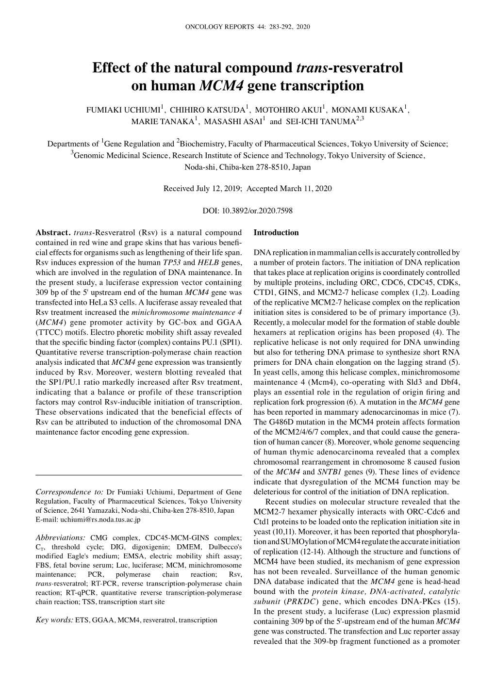 Effect of the Natural Compound Trans‑Resveratrol on Human MCM4 Gene Transcription