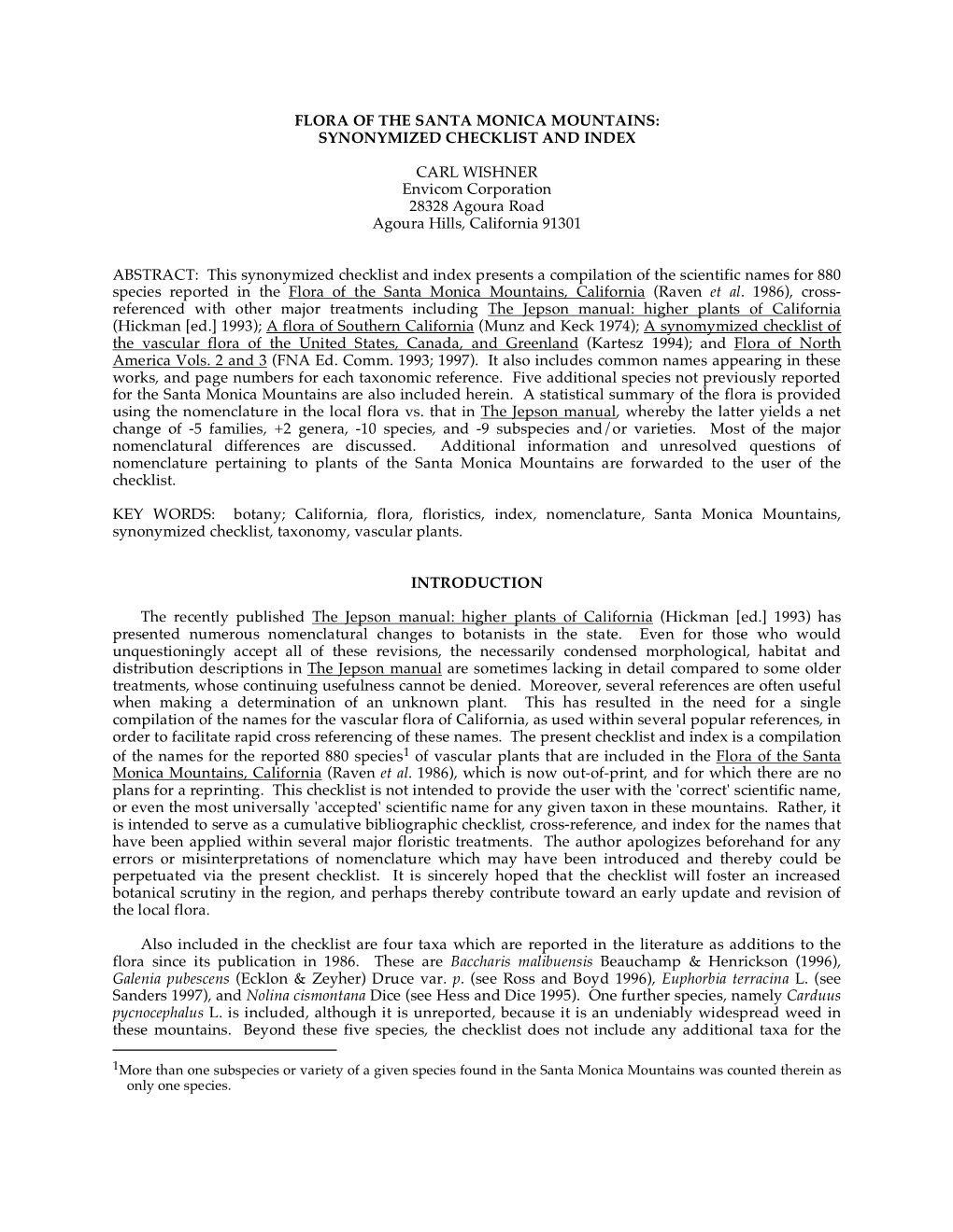 Flora of the Santa Monica Mountains: Synonymized Checklist and Index