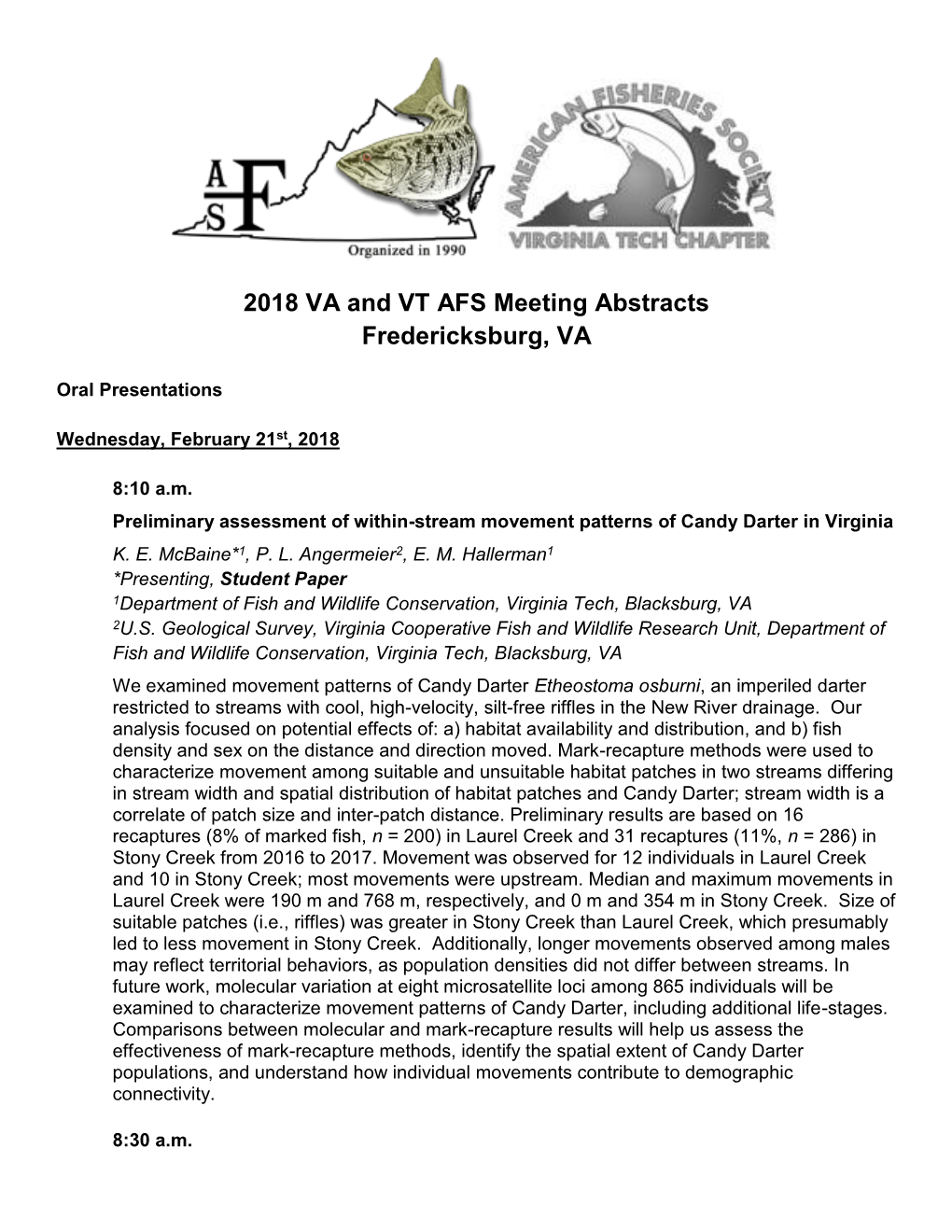2018 VA and VT AFS Meeting Abstracts Fredericksburg, VA