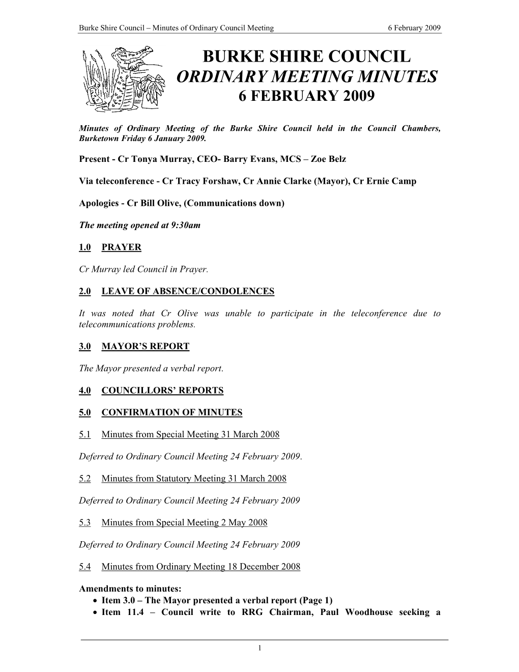 Burke Shire Council Ordinary Meeting Minutes 6 February 2009