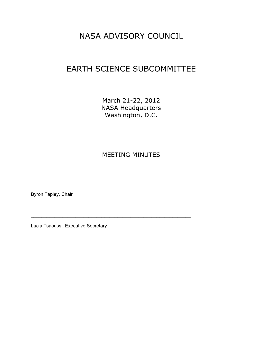 Nasa Advisory Council Earth Science Subcommittee