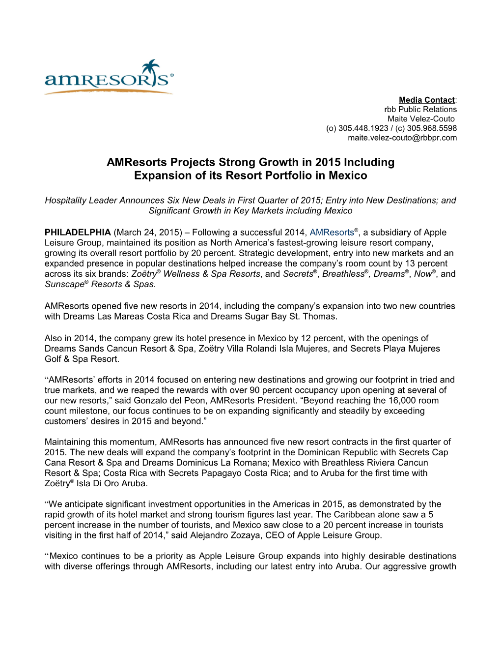 Amresorts Projects Strong Growth in 2015 Including