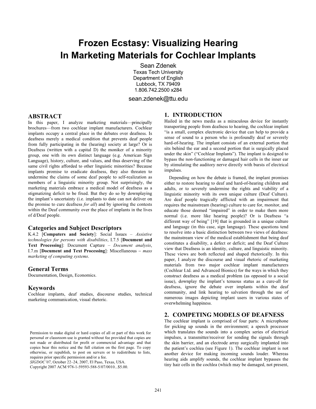 Frozen Ecstasy: Visualizing Hearing in Marketing Materials for Cochlear