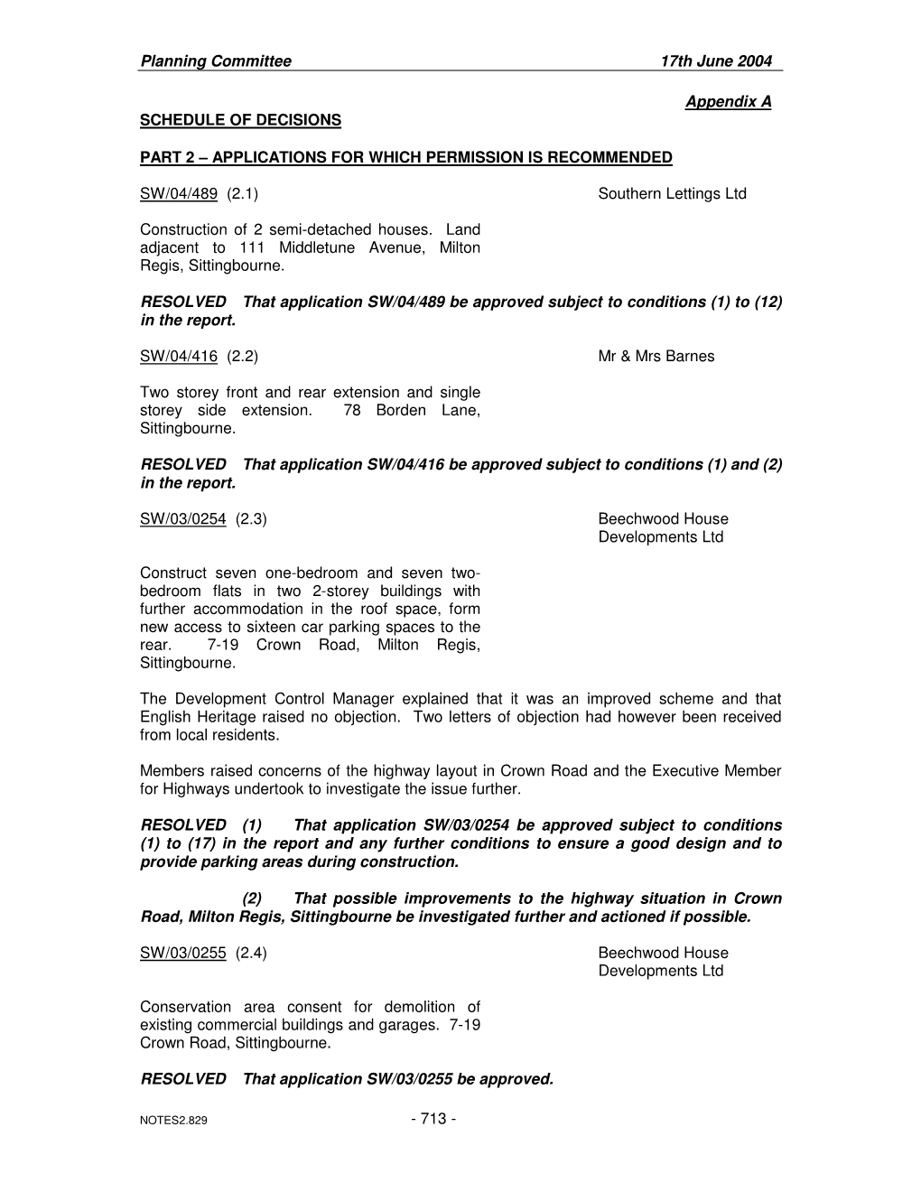 Planning Committee 17Th June 2004 Appendix A