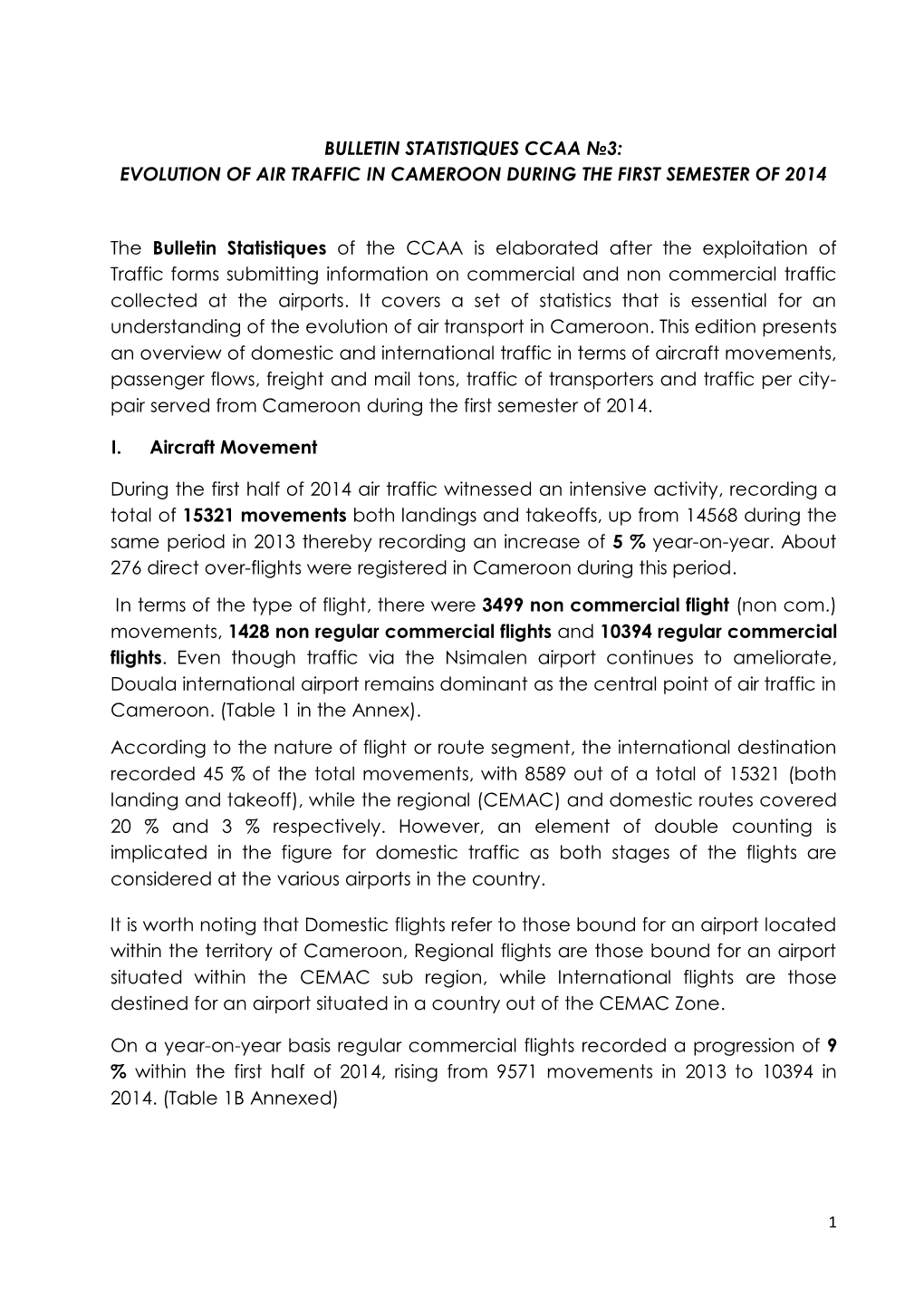 Evolution of Air Traffic in Cameroon During the First Semester of 2014