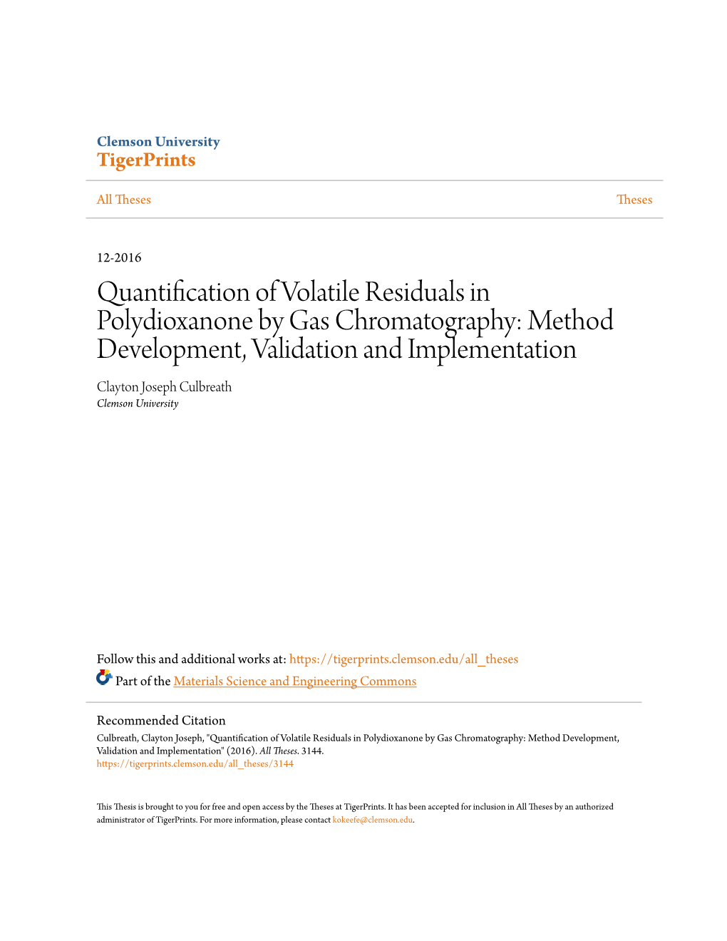 Quantification of Volatile Residuals in Polydioxanone by Gas