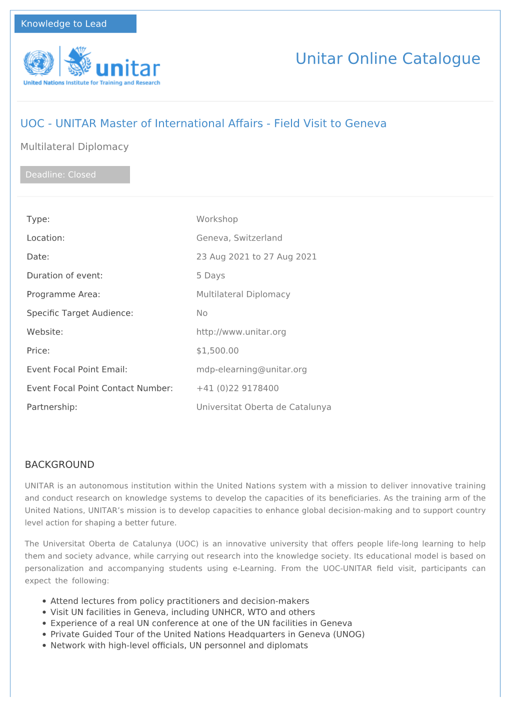 UOC - UNITAR Master of International Aﬀairs - Field Visit to Geneva