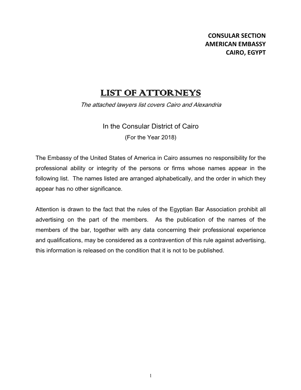 LIST of ATTORNEYS the Attached Lawyers List Covers Cairo and Alexandria