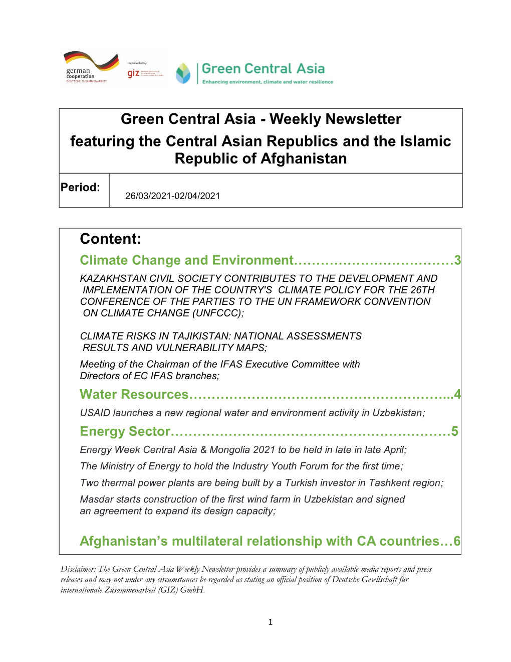 Weekly Newsletter Featuring the Central Asian Republics and the Islamic Republic of Afghanistan