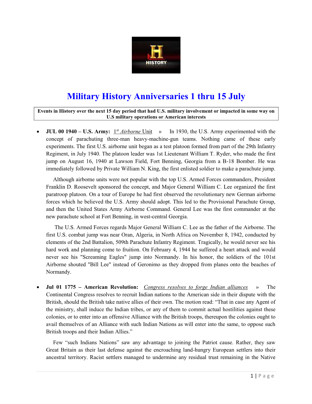 Military History Anniversaries 1 Thru 15 July