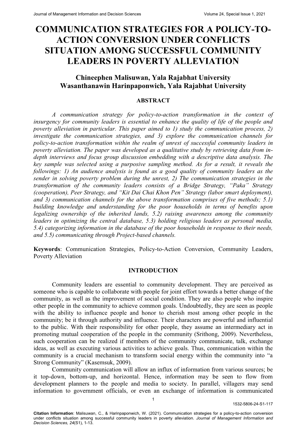 Communication Strategies for a Policy-To-Action Conversion Under Conflicts Situation Among Successful Community Leaders in Poverty Alleviation