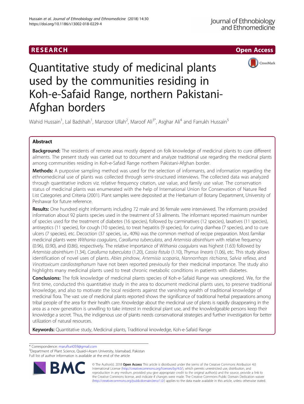 Quantitative Study of Medicinal Plants Used by the Communities Residing In