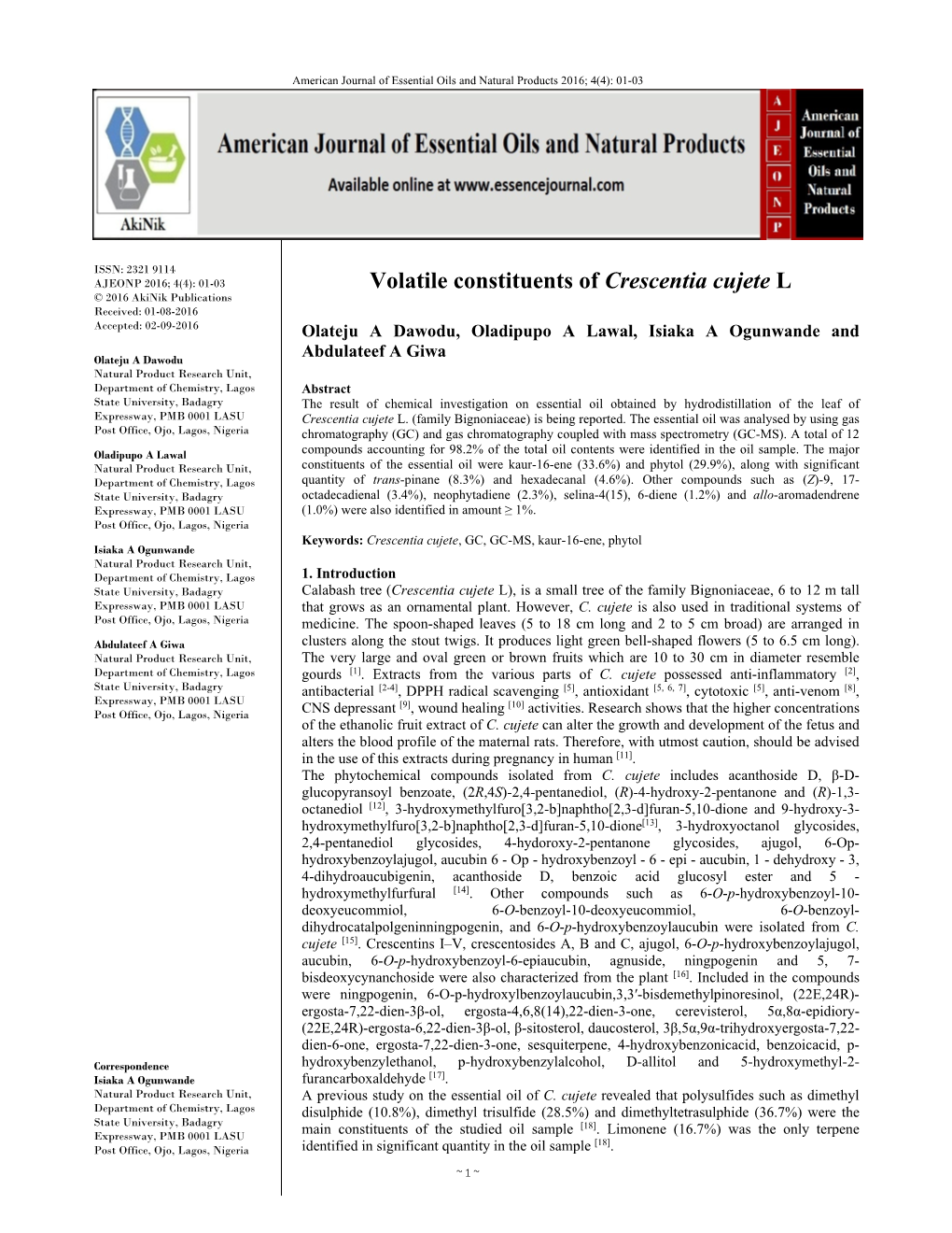 Volatile Constituents of Crescentia Cujete L