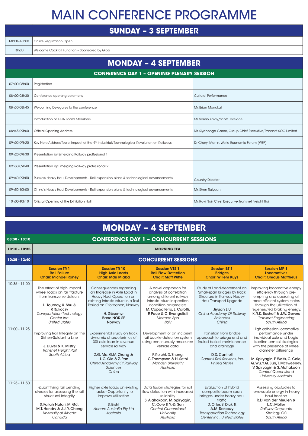 Main Conference Programme Sunday – 3 September