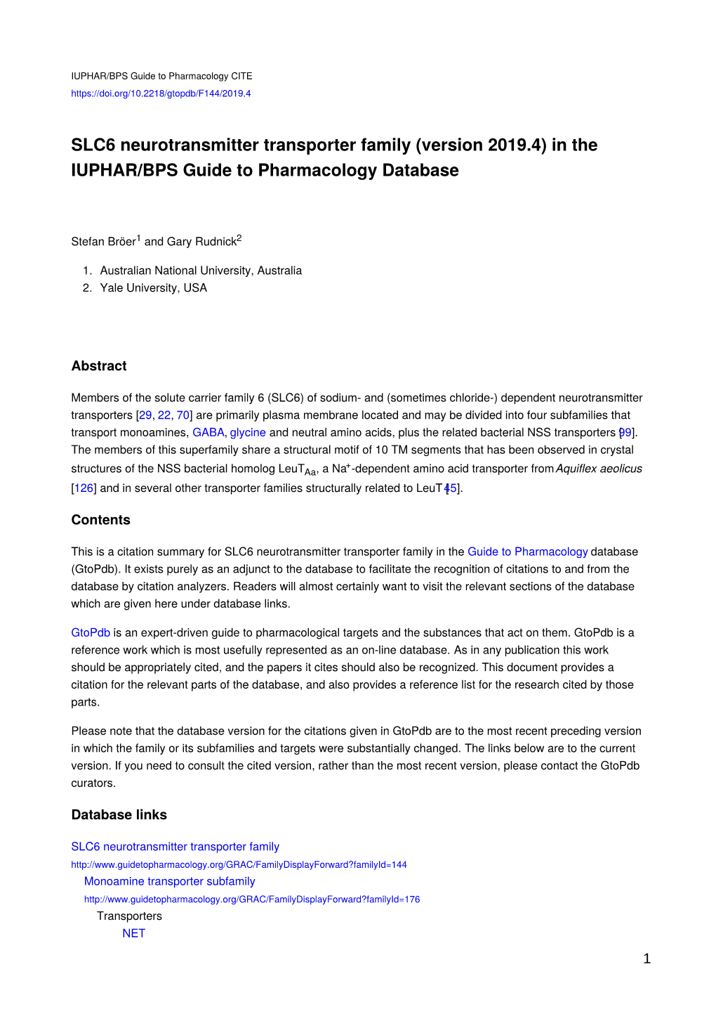 SLC6 Neurotransmitter Transporter Family (Version 2019.4) in the IUPHAR/BPS Guide to Pharmacology Database