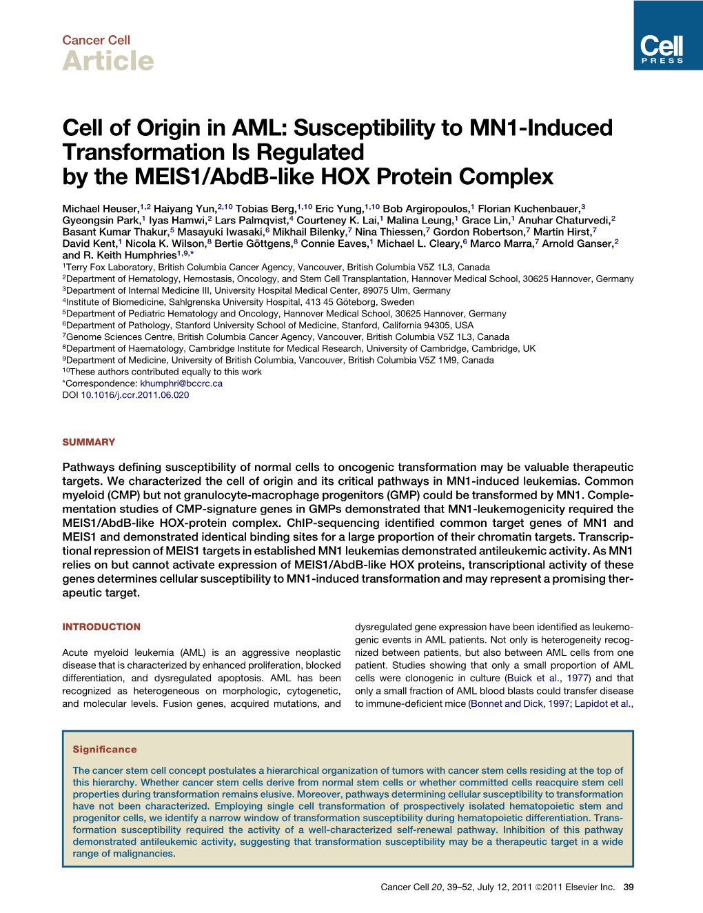 Cell of Origin in AML: Susceptibility to MN1-Induced Transformation Is Regulated by the MEIS1/Abdb-Like HOX Protein Complex