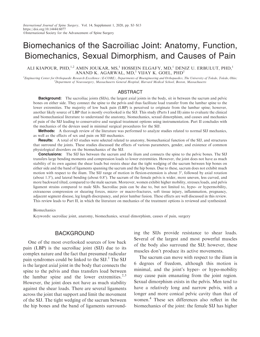 Biomechanics of the Sacroiliac Joint: Anatomy, Function, Biomechanics, Sexual Dimorphism, and Causes of Pain