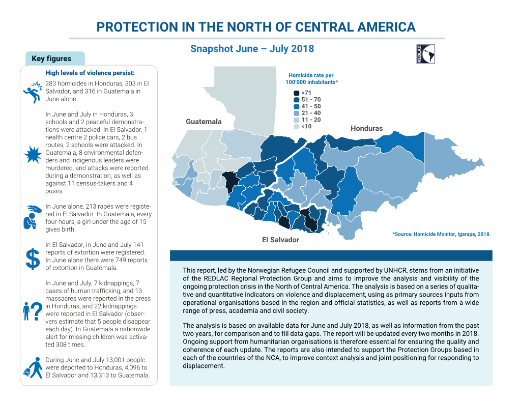 PROTECTION in the NORTH of CENTRAL AMERICA Snapshot June – July 2018 Key Figures