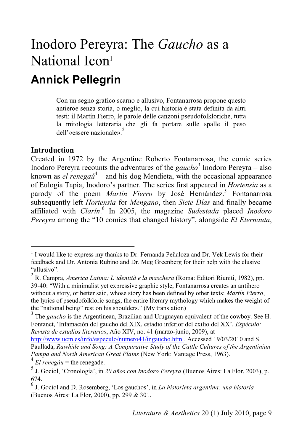 Inodoro Pereyra: the Gaucho As a National Icon1 Annick Pellegrin