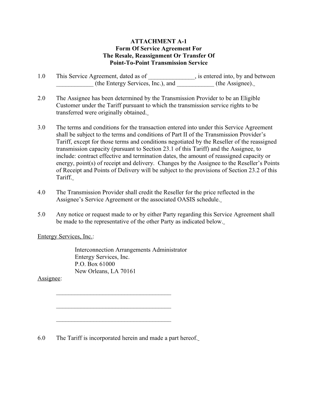 Form of Service Agreement for the Resale, Reassignment Or Transfer of Point-To-Point