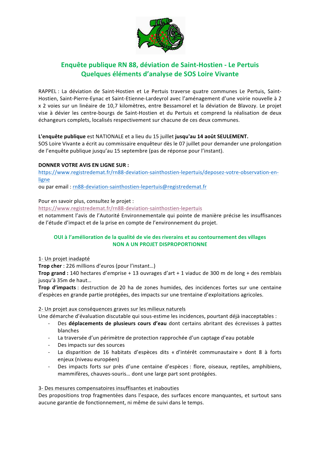 Enquête Publique RN 88, Déviation De Saint-Hostien - Le Pertuis Quelques Éléments D’Analyse De SOS Loire Vivante