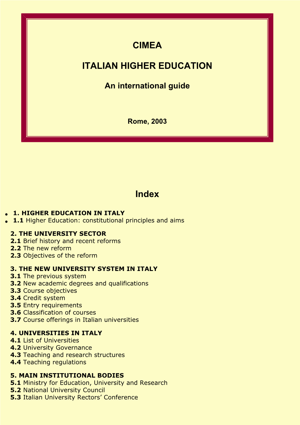 CIMEA ITALIAN HIGHER EDUCATION Index