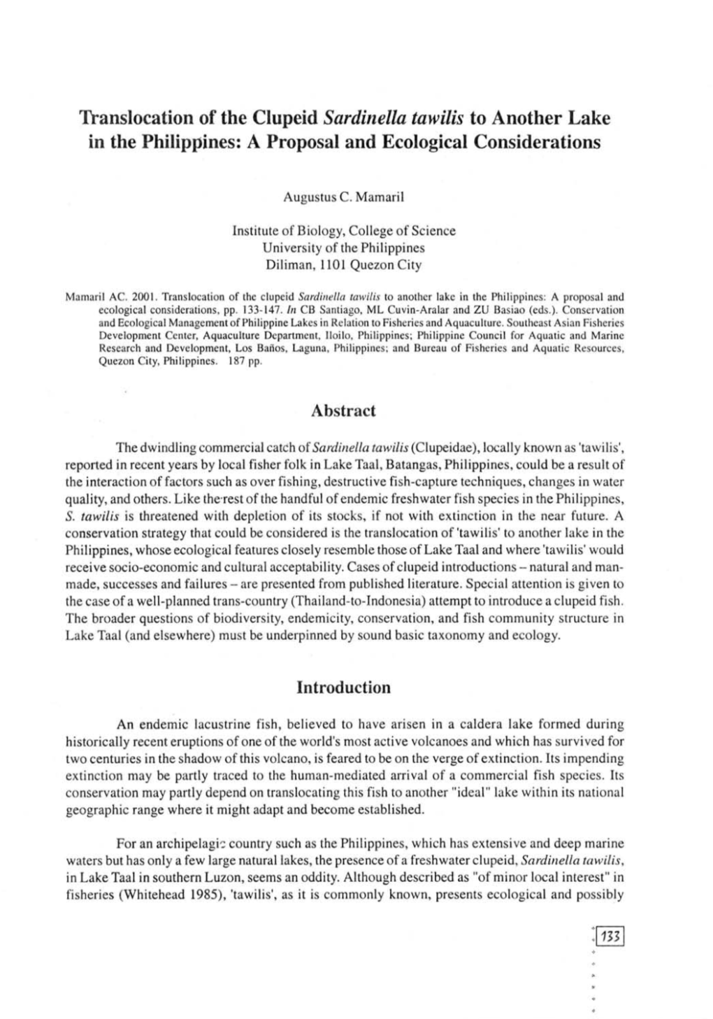 Translocation of the Clupeid Sardinella Tawilis to Another Lake in the Philippines: a Proposal and Ecological Considerations