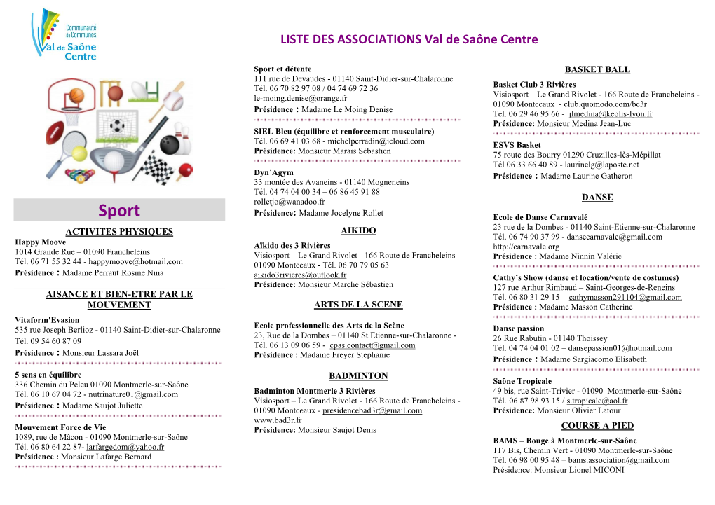 LISTE DES ASSOCIATIONS Val De Saône Centre