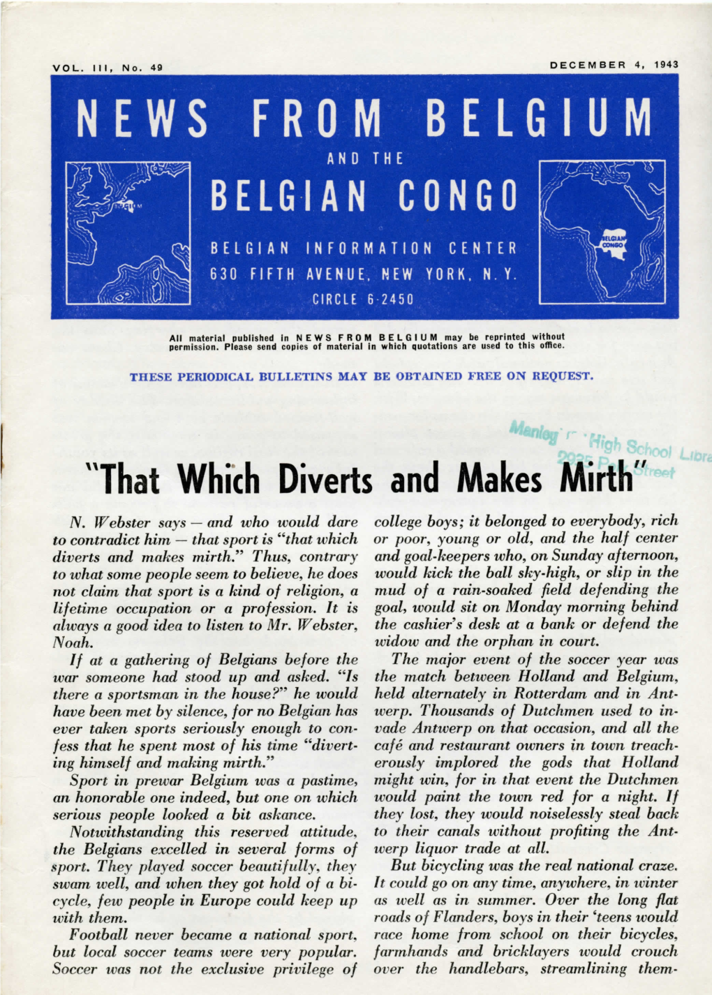 News from Belgiu and the Belgian Congo