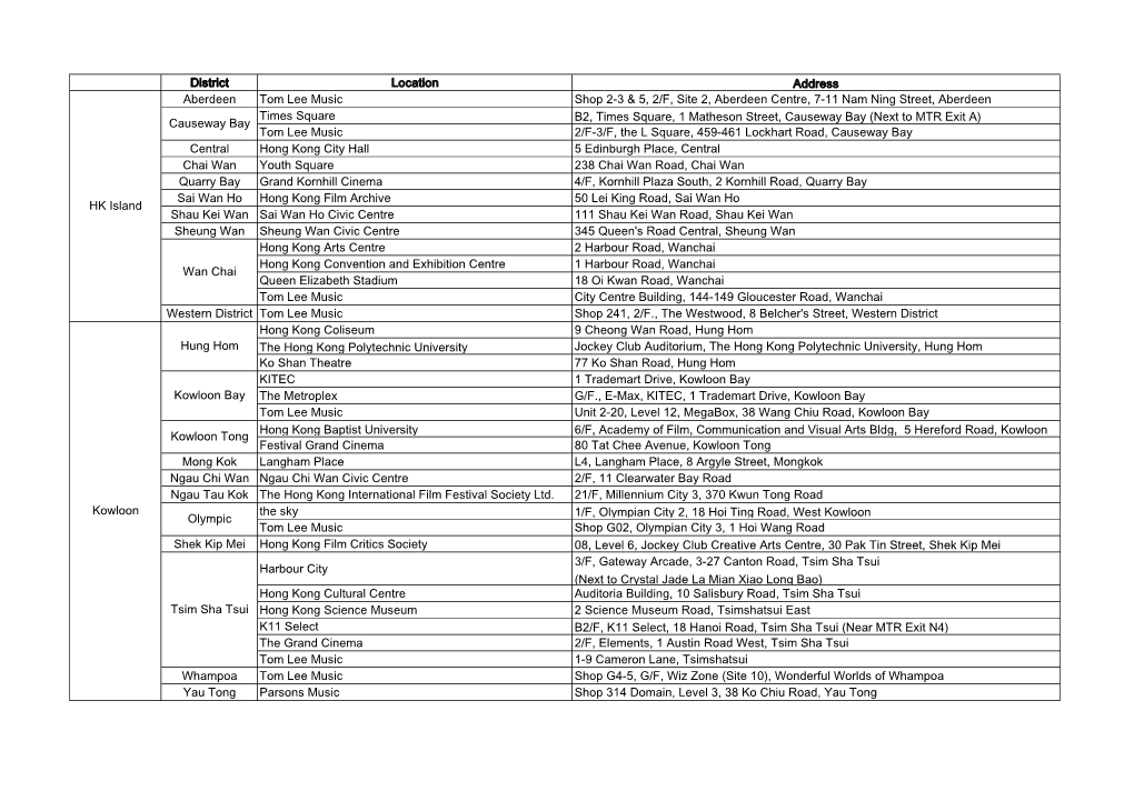 District Location Address Aberdeen Tom Lee Music Shop 2-3 & 5, 2/F, Site 2, Aberdeen Centre, 7-11 Nam Ning Street, Aberdeen
