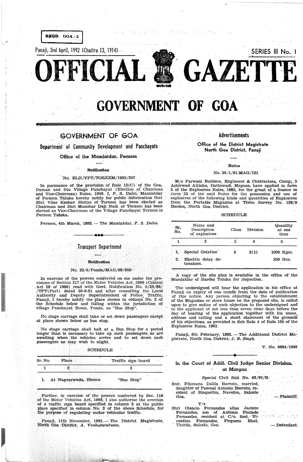 Official Gazette Government of Goa' •