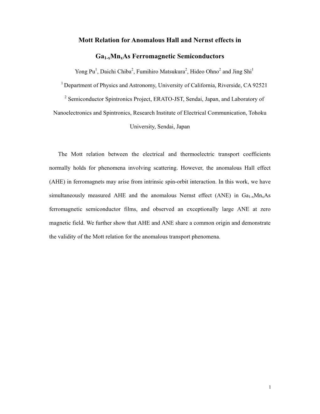 Mott Relation for Anomalous Hall and Nernst Effects in Ga1-Xmnxas