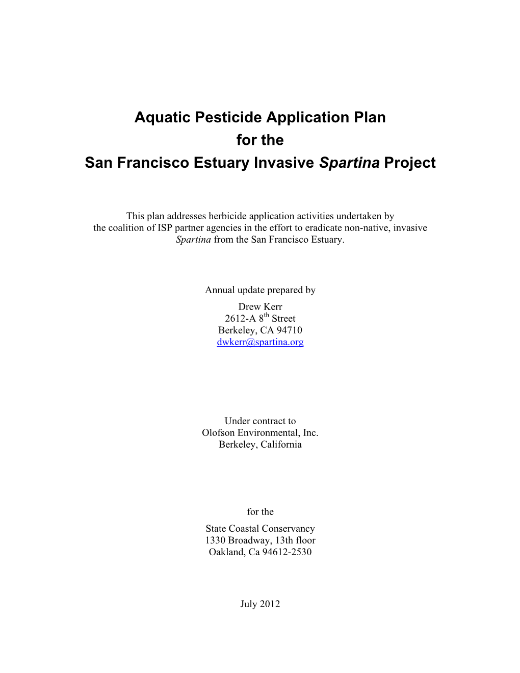 Aquatic Pesticide Application Plan for the San Francisco Estuary Invasive Spartina Project