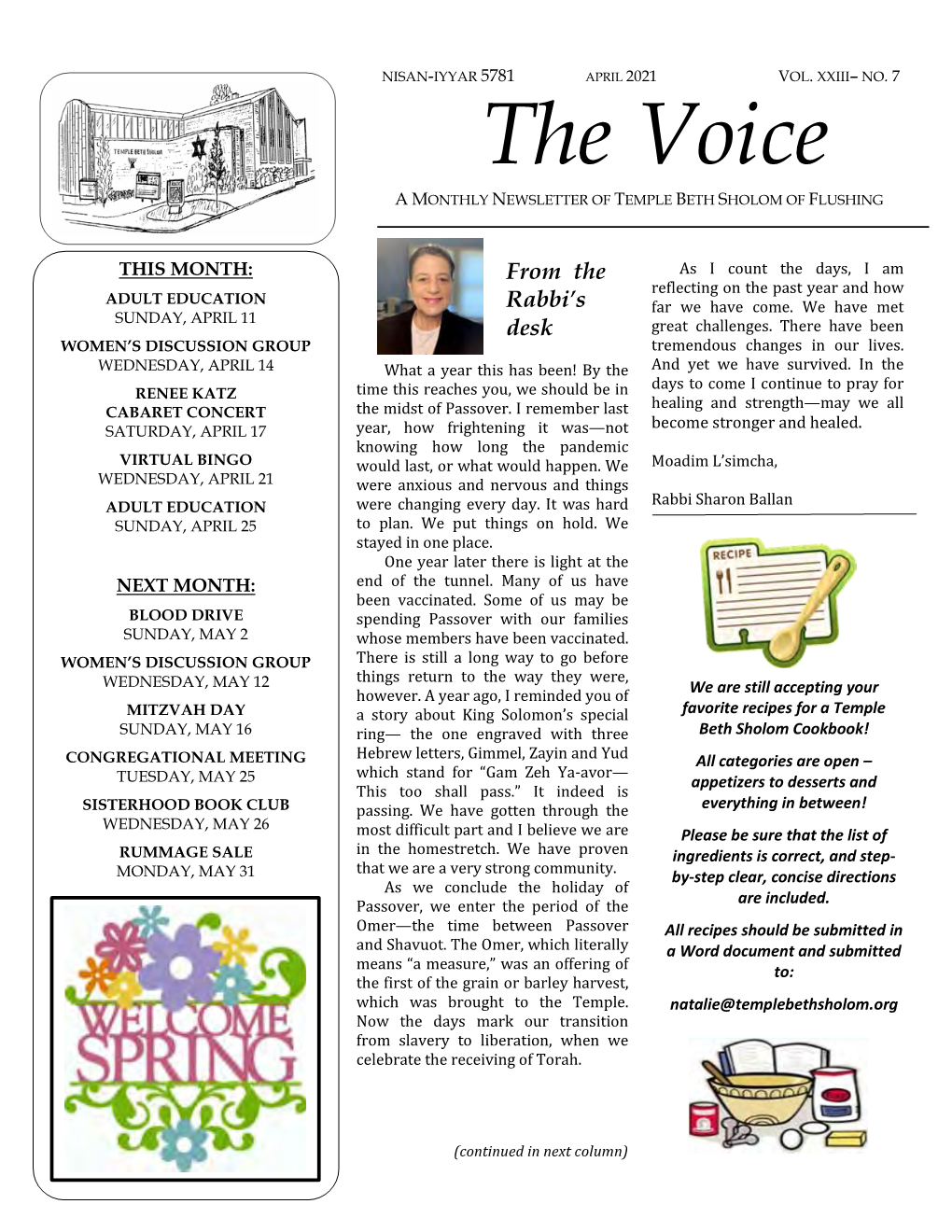 The Voice a MONTHLY NEWSLETTER of TEMPLE BETH SHOLOM of FLUSHING