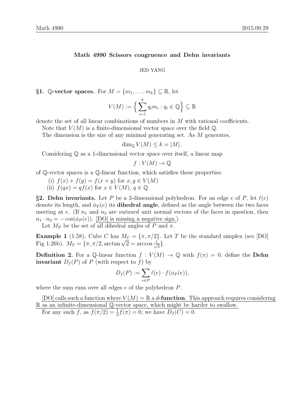 Math 4990 2015.09.29 Math 4990 Scissors Congruence and Dehn