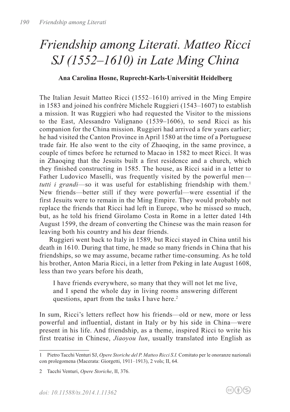 Friendship Among Literati. Matteo Ricci SJ (1552–1610) in Late Ming China