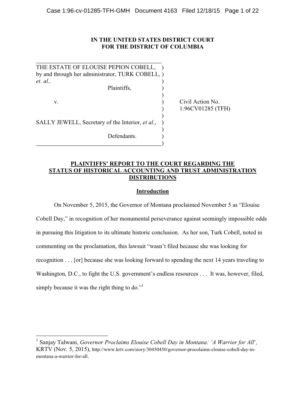 Case 1:96-Cv-01285-TFH-GMH Document 4163 Filed 12/18/15 Page 1 of 22