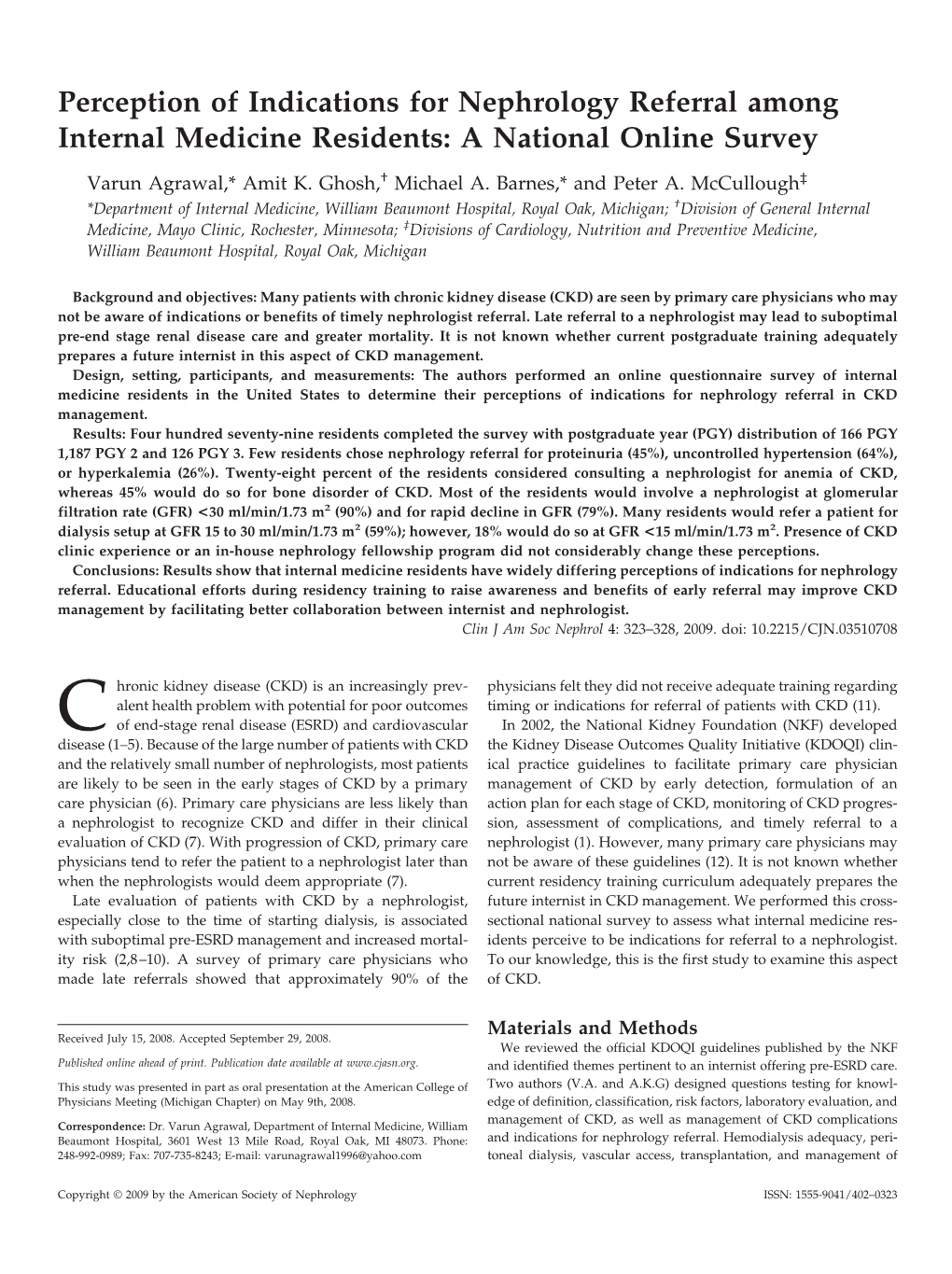 Perception of Indications for Nephrology Referral Among Internal Medicine Residents: a National Online Survey