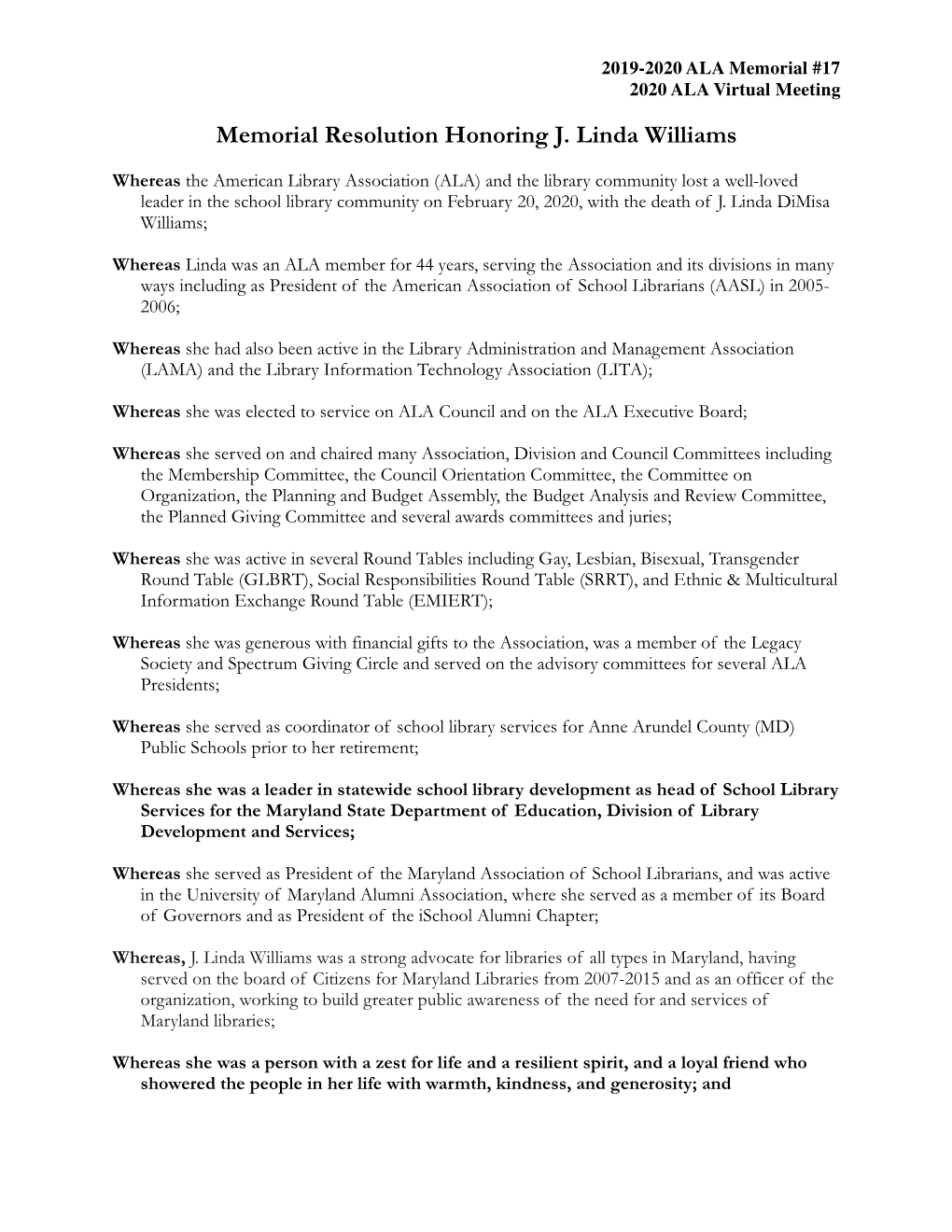 M17 Memorial Resolution Honoring J. Linda Williams