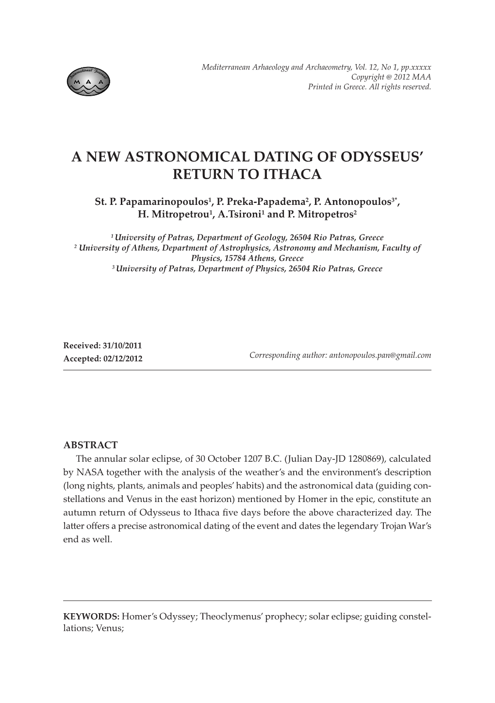 A New Astronomical Dating of Odysseus' Return to Ithaca