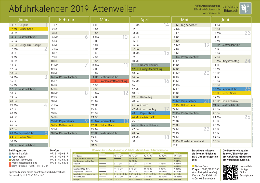 Abfuhrkalender 2019 Attenweiler