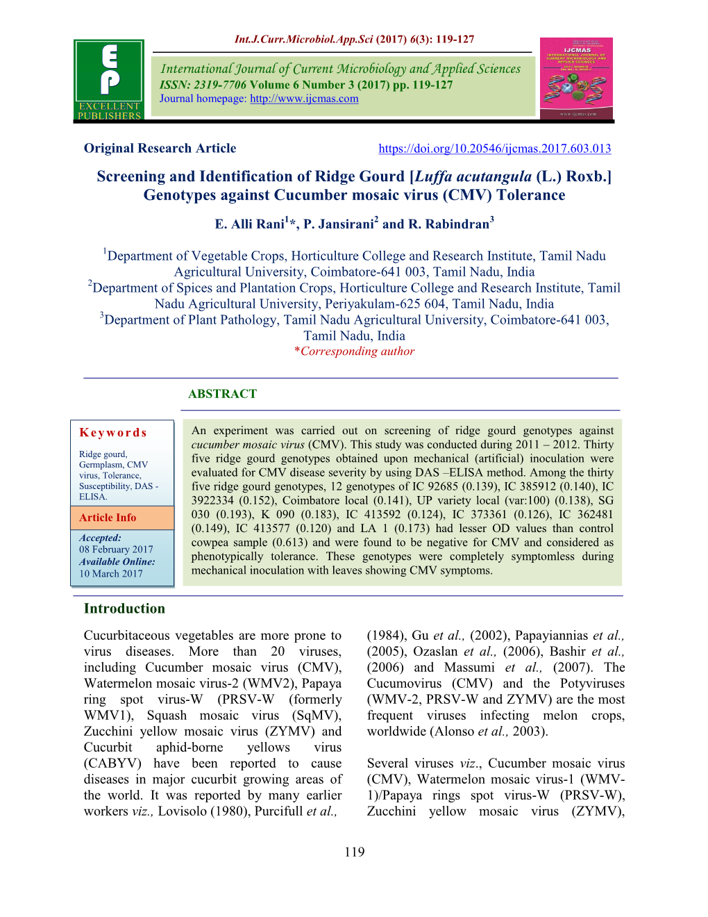 Genotypes Against Cucumber Mosaic Virus (CMV) Tolerance