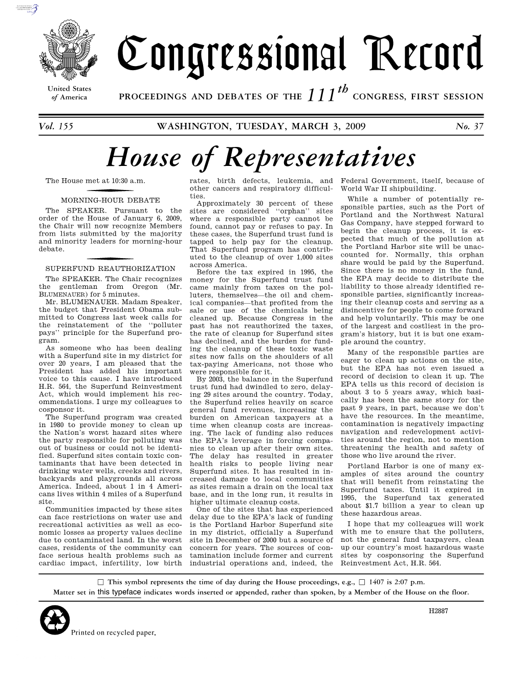 Congressional Record United States Th of America PROCEEDINGS and DEBATES of the 111 CONGRESS, FIRST SESSION