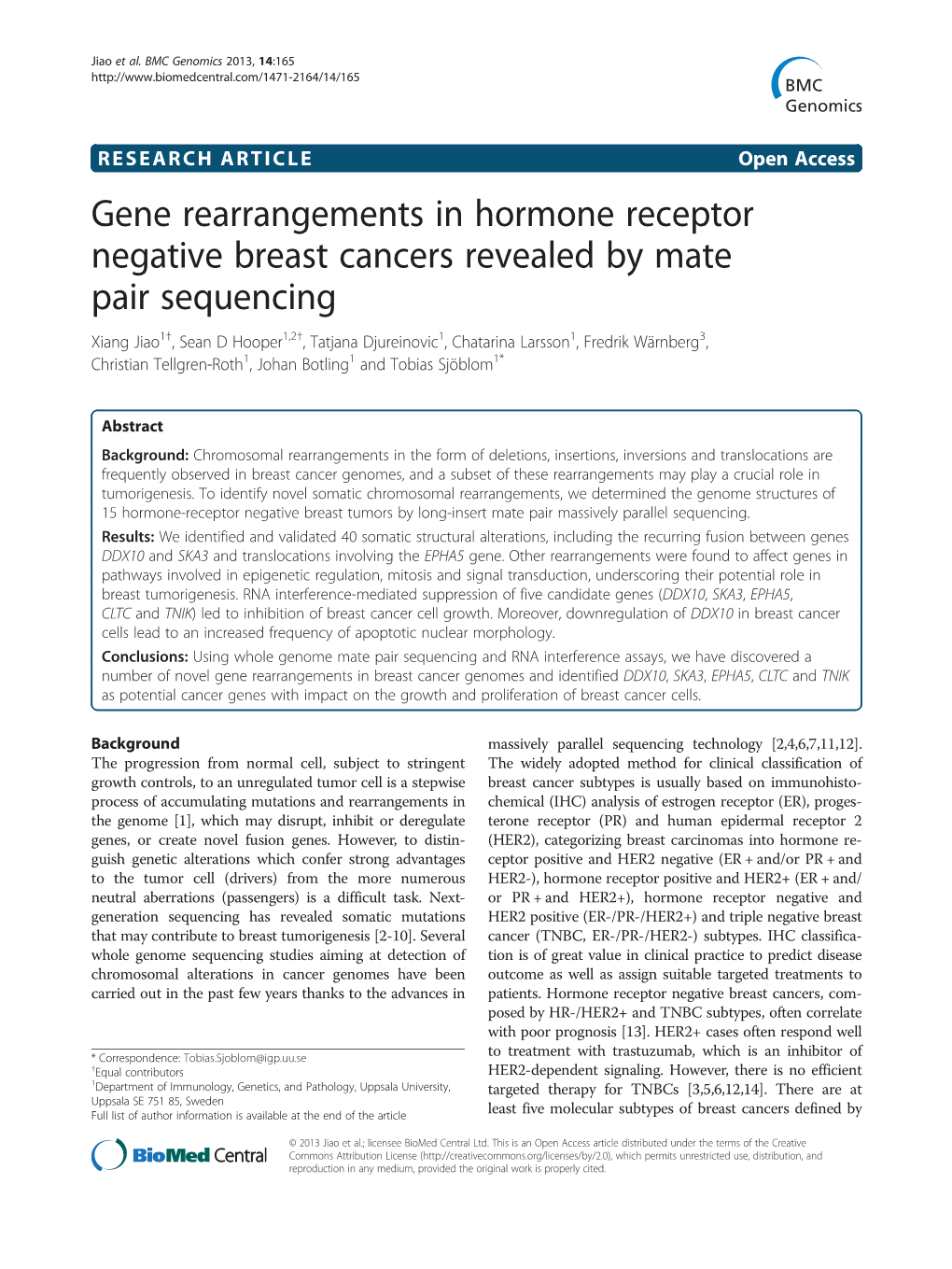 Gene Rearrangements in Hormone Receptor Negative Breast Cancers